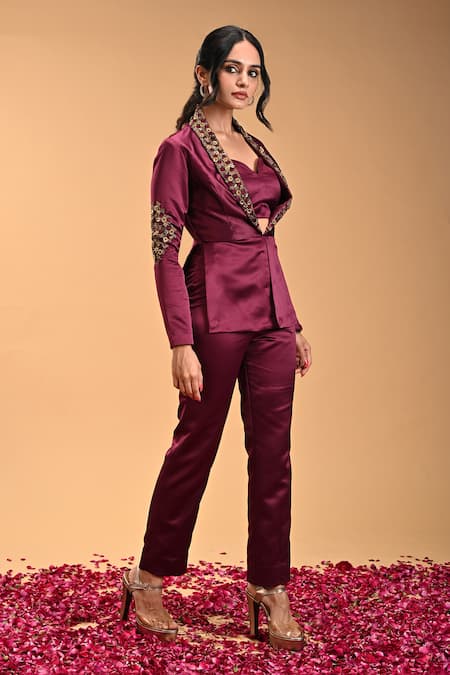 Rirasa_Purple Silk, Satin Embroidery Shawl Neck Mukulam Floral Jacket Pant Set_Online_at_Aza_Fashions