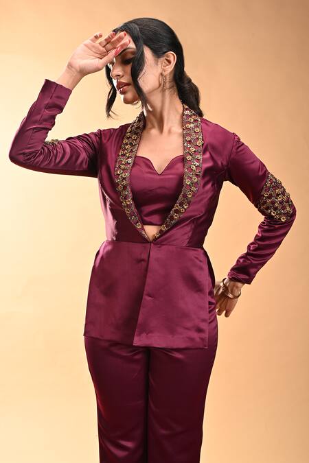 Shop_Rirasa_Purple Silk, Satin Embroidery Shawl Neck Mukulam Floral Jacket Pant Set_Online_at_Aza_Fashions