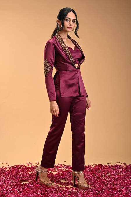 Rirasa_Purple Satin Embroidery Shawl Neck Mukulam Floral Jacket_Online_at_Aza_Fashions
