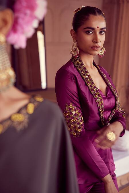 Shop_Rirasa_Purple Satin Embroidery Shawl Neck Mukulam Floral Jacket_Online_at_Aza_Fashions