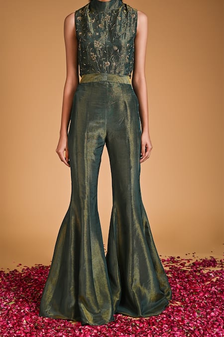 Shop Rirasa Green Tissue Embroidery High Neck Kurma Floral Top And Sharara Set Online at Aza Fashions Shop_Rirasa_Green Tissue Embroidery High Neck Kurma Floral Top And Sharara Set _Online_at_Aza_Fashions