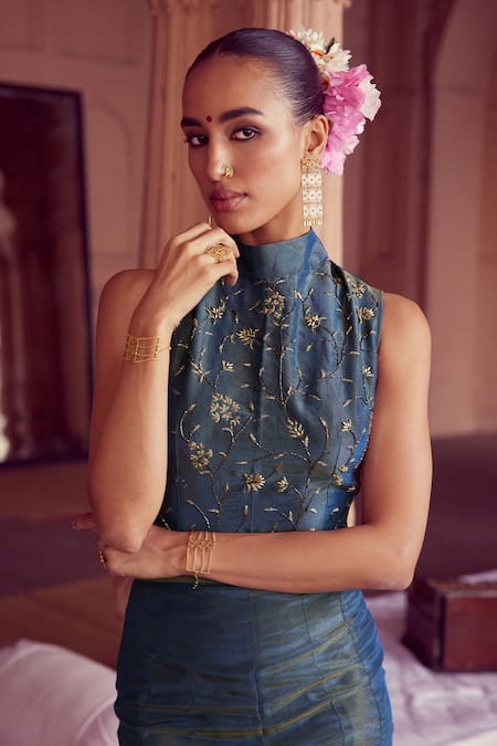 Rirasa Green Tissue Embroidery High Neck Kurma Floral Top And Sharara Set at Aza Fashions Rirasa_Green Tissue Embroidery High Neck Kurma Floral Top And Sharara Set _at_Aza_Fashions