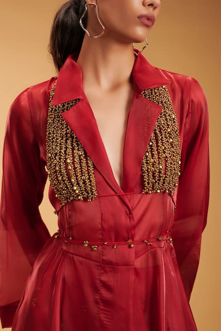 Rirasa_Red Silk, Organza Beads, Chains, Embroidery Collared Plain Long Cape Pant Set _Online_at_Aza_Fashions