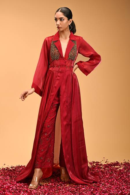 Buy_Rirasa_Red Silk, Organza Beads, Chains, Embroidery Collared Plain Long Cape Pant Set _Online_at_Aza_Fashions