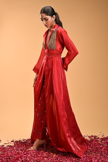 Shop_Rirasa_Red Silk, Organza Beads, Chains, Embroidery Collared Plain Long Cape Pant Set _Online_at_Aza_Fashions
