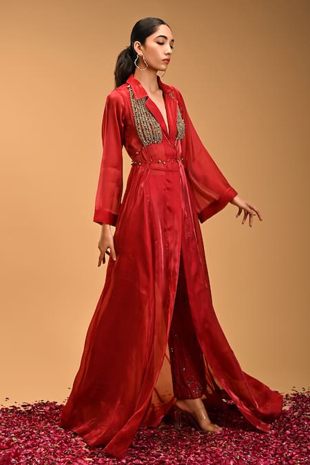 Rirasa_Red Silk, Organza Beads, Chains, Embroidery Collared Plain Long Cape Pant Set _at_Aza_Fashions