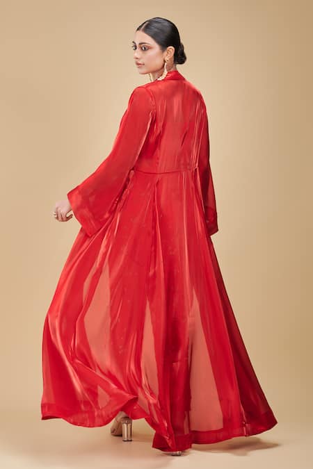 Shop_Rirasa_Red Silk, Organza Embroidery Plain Long Cape Pant Set _at_Aza_Fashions