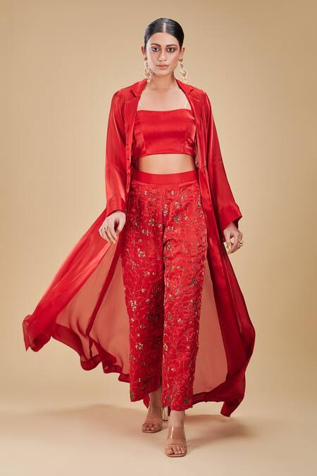 Rirasa_Red Silk, Organza Embroidery Plain Long Cape Pant Set _Online_at_Aza_Fashions