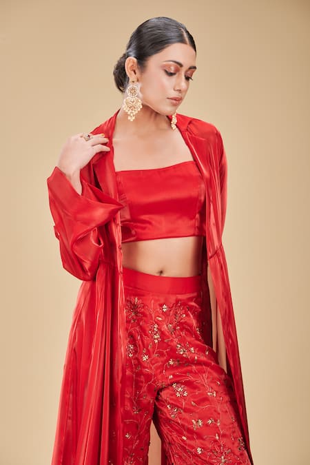 Buy_Rirasa_Red Silk, Organza Embroidery Plain Long Cape Pant Set _Online_at_Aza_Fashions