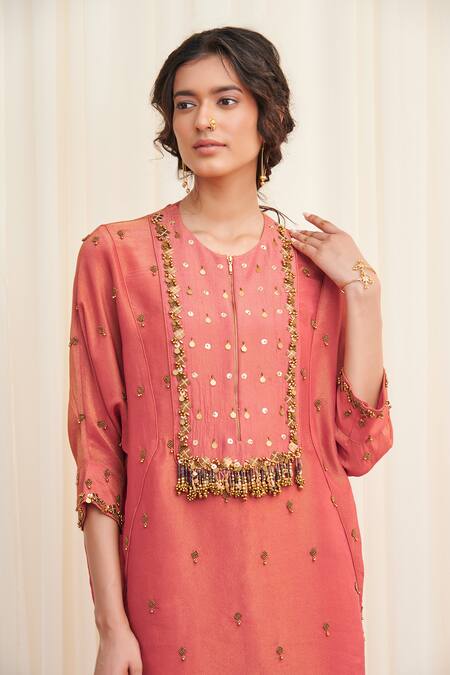 Rirasa Pink Tissue Sequins, Beads, Tassels Mayurakhya Embroidered Tunic And Pant Set Online at Aza Fashions Rirasa_Pink Tissue Sequins, Beads, Tassels Mayurakhya Embroidered Tunic And Pant Set _Online_at_Aza_Fashions