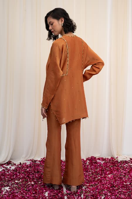 Shop Rirasa Yellow Tissue Beads, Sequins Round Neck Mayur Embroidered Tunic And Pant Set at Aza Fashions Shop_Rirasa_Yellow Tissue Beads, Sequins Round Neck Mayur Embroidered Tunic And Pant Set _at_Aza_Fashions