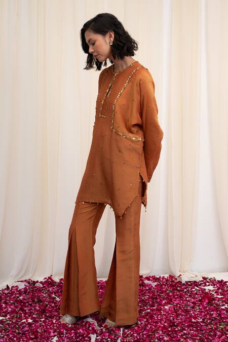 Rirasa Yellow Tissue Beads, Sequins Round Neck Mayur Embroidered Tunic And Pant Set Online at Aza Fashions Rirasa_Yellow Tissue Beads, Sequins Round Neck Mayur Embroidered Tunic And Pant Set _Online_at_Aza_Fashions