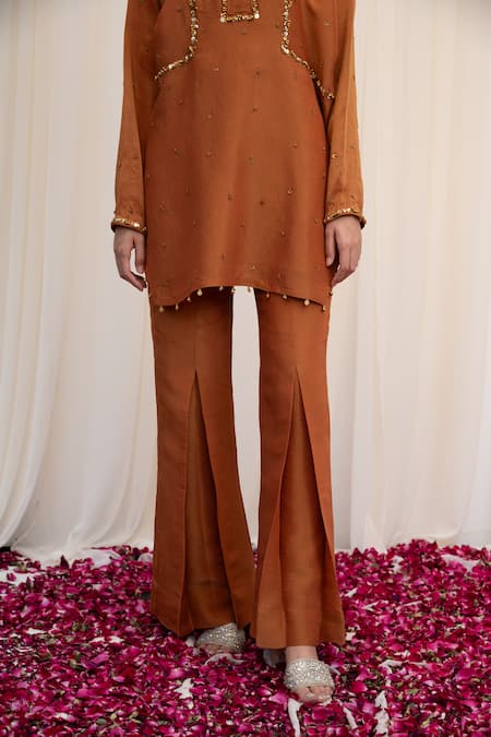 Shop Rirasa Yellow Tissue Beads, Sequins Round Neck Mayur Embroidered Tunic And Pant Set Online at Aza Fashions Shop_Rirasa_Yellow Tissue Beads, Sequins Round Neck Mayur Embroidered Tunic And Pant Set _Online_at_Aza_Fashions