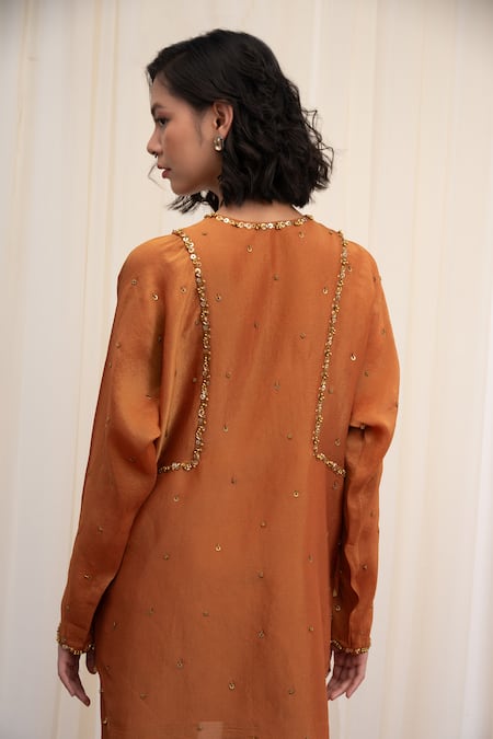 Rirasa Yellow Tissue Beads, Sequins Round Neck Mayur Embroidered Tunic And Pant Set at Aza Fashions Rirasa_Yellow Tissue Beads, Sequins Round Neck Mayur Embroidered Tunic And Pant Set _at_Aza_Fashions