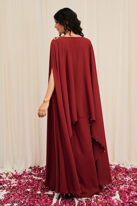 Shop_Rirasa_Maroon Crepe Sequins, Bhramara Embroidered Asymmetric Tunic And Flared Pant Set _at_Aza_Fashions