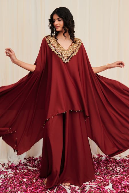 Rirasa_Maroon Crepe Sequins, Bhramara Embroidered Asymmetric Tunic And Flared Pant Set _Online_at_Aza_Fashions