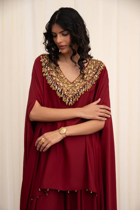 Buy_Rirasa_Maroon Crepe Sequins, Bhramara Embroidered Asymmetric Tunic And Flared Pant Set _Online_at_Aza_Fashions