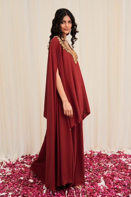 Shop_Rirasa_Maroon Crepe Sequins, Bhramara Embroidered Asymmetric Tunic And Flared Pant Set _Online_at_Aza_Fashions