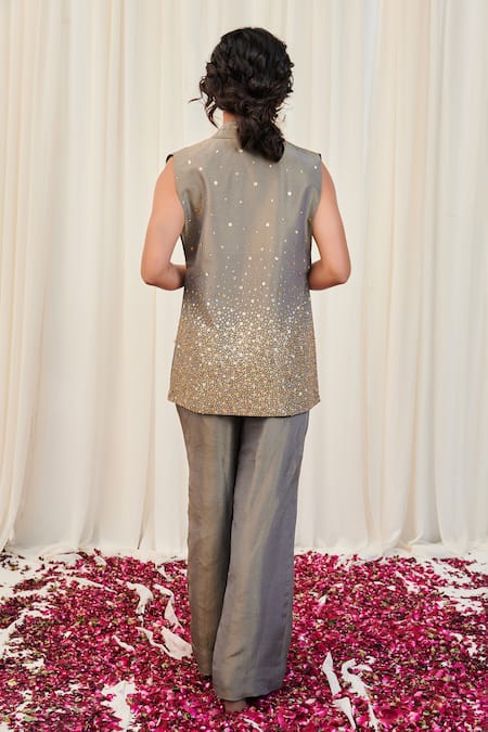 Shop_Rirasa_Grey Tissue Sequins Round , Shawl Embroidered Jacket Pant Set _at_Aza_Fashions