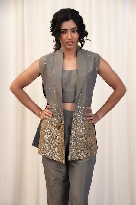 Buy_Rirasa_Grey Tissue Sequins Round , Shawl Embroidered Jacket Pant Set _Online_at_Aza_Fashions