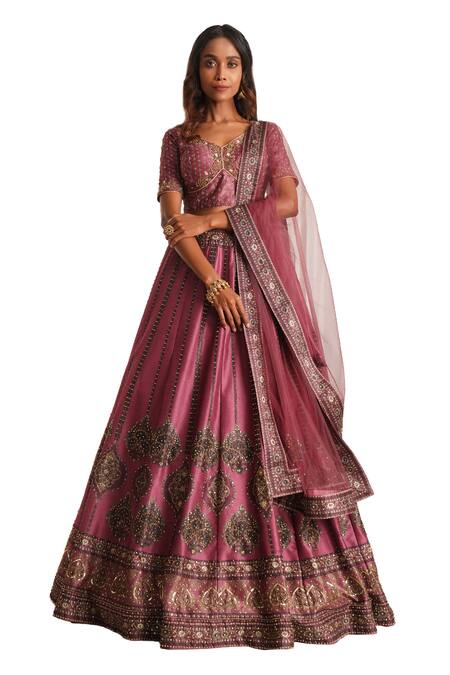 Chaashni By Maansi And Ketan_Pink Silk, Net Sequins, Stones, Beads V-neck Floral Print Lehenga Set_Online_at_Aza_Fashions