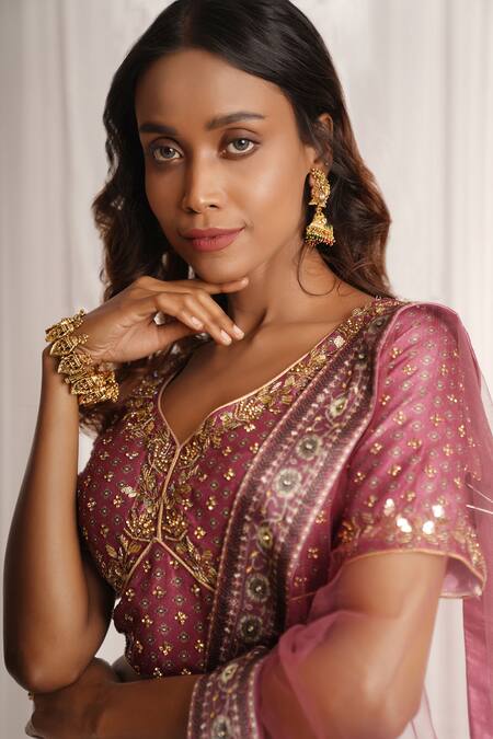 Shop_Chaashni By Maansi And Ketan_Pink Silk, Net Sequins, Stones, Beads V-neck Floral Print Lehenga Set_Online_at_Aza_Fashions