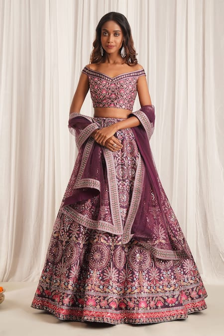 Chaashni by Maansi and Ketan Silk Floral Print Mirrorwork Lehenga Set 