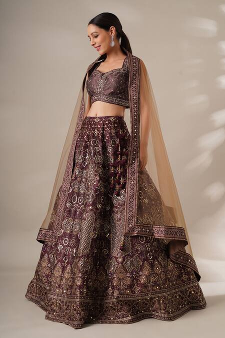 Chaashni By Maansi And Ketan_Wine Silk, Net Beads, Sequins, Stones Sweetheart Floral Printed Lehenga Set _Online_at_Aza_Fashions