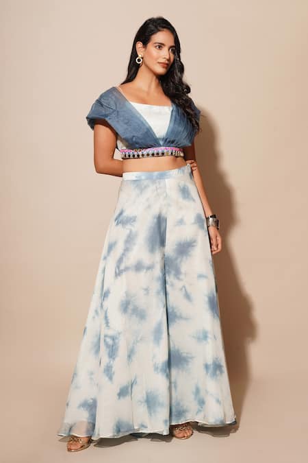 Chaashni by Maansi and Ketan Blue Printed Organza Embellished Abstract Pleated Panel Top With Flared Pant 