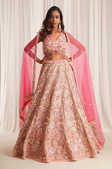 Chaashni By Maansi And Ketan Pink Net Pearls, Sequins, Stones, Beads V-neck Floral Embellished Lehenga Set 