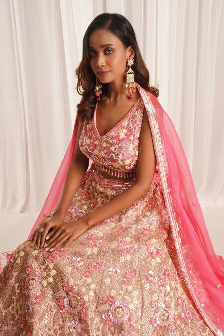 Chaashni By Maansi And Ketan_Pink Net Pearls, Sequins, Stones, Beads V-neck Floral Embellished Lehenga Set _Online_at_Aza_Fashions