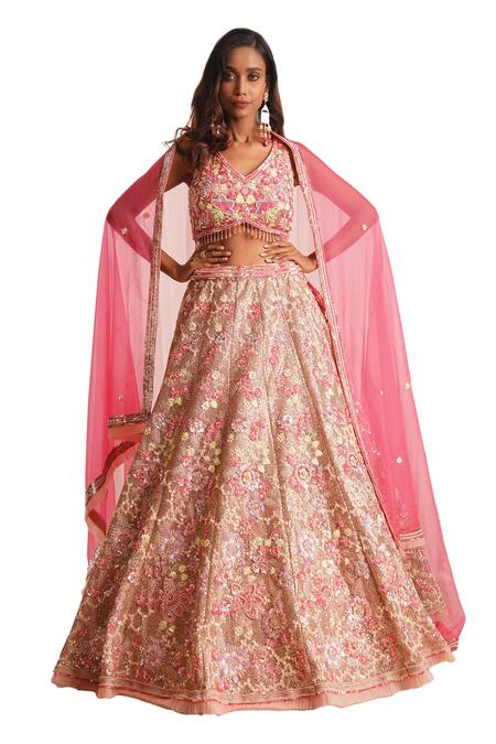 Buy Chaashni By Maansi And Ketan Pink Net Pearls, Sequins, Stones, Beads V-neck Floral Embellished Lehenga Set Online at Aza Fashions Buy_Chaashni By Maansi And Ketan_Pink Net Pearls, Sequins, Stones, Beads V-neck Floral Embellished Lehenga Set _Online_at_Aza_Fashions