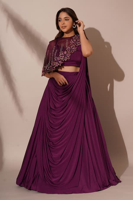 Chaashni by Maansi and Ketan Purple Lycra Embellished Sequins Solid Lehenga Saree Asymmetric Cape Set 