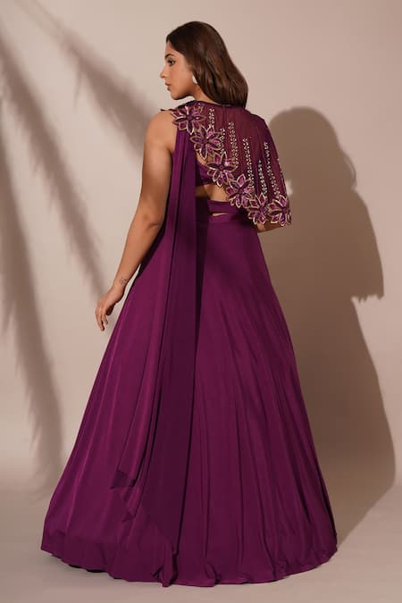 Chaashni By Maansi And Ketan Solid Lehenga Saree Asymmetric Embellished Cape Set 