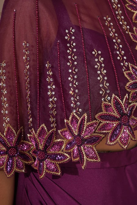 Buy_Chaashni By Maansi And Ketan_Purple Net, Lycra Sequins, Solid Lehenga Saree Asymmetric Embellished Cape Set _Online_at_Aza_Fashions