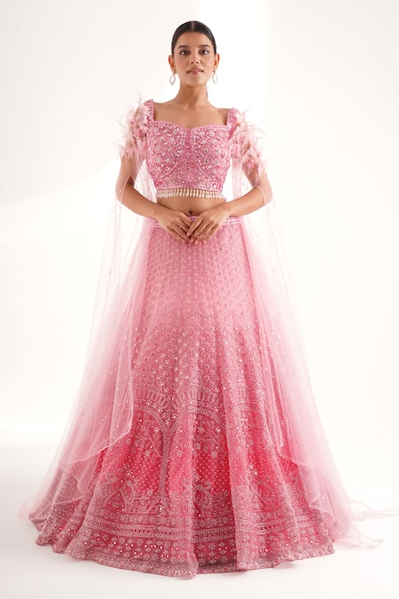 Chaashni by Maansi and Ketan Pink Net Embellished Scallop Threadwork Ombre Lehenga With Cape Sleeves Blouse 