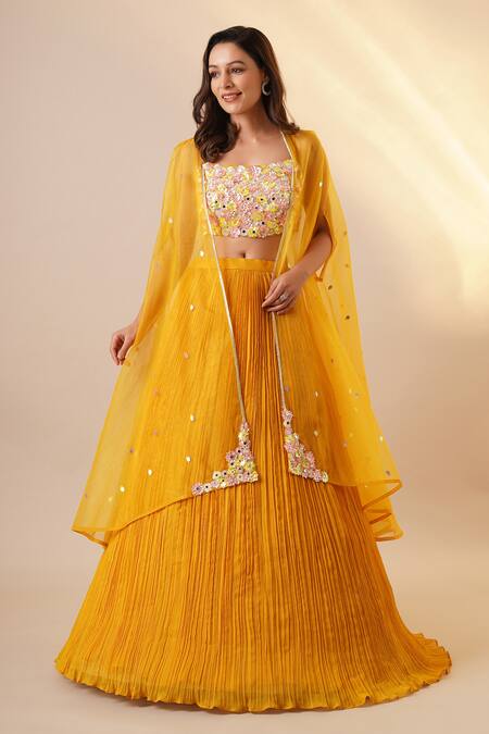 Chaashni by Maansi and Ketan Yellow Georgette Embellished Sequin Cape Open Solid Pleated Lehenga Set