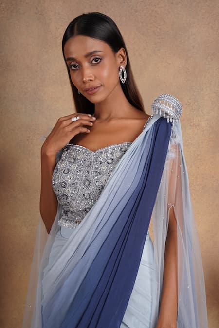 Chaashni By Maansi And Ketan_Blue Net, Lycra Ombre Pre-draped Saree With Embellished Cape Sleeve Blouse _Online_at_Aza_Fashions