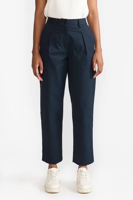 Perona Blue Cotton Solid Alessia Pant Online at Aza Fashions Perona_Blue Cotton Solid Alessia Pant _Online_at_Aza_Fashions