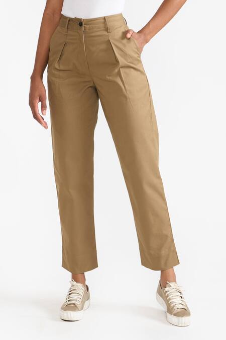 Perona Brown Cotton Solid Alessia Front Pleat Pant Online at Aza Fashions Perona_Brown Cotton Solid Alessia Front Pleat Pant _Online_at_Aza_Fashions