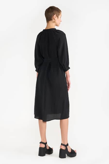 Shop Perona Black Cotton Solid Band Collar Aliana Midi Dress at Aza Fashions Shop_Perona_Black Cotton Solid Band Collar Aliana Midi Dress _at_Aza_Fashions