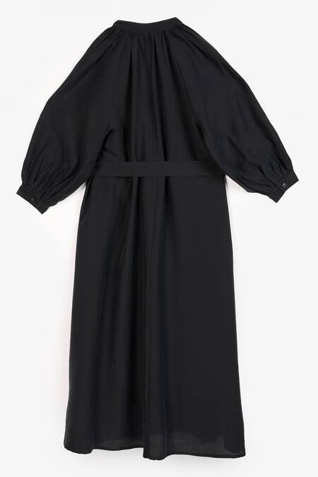 Perona Black Cotton Solid Band Collar Aliana Midi Dress Online at Aza Fashions Perona_Black Cotton Solid Band Collar Aliana Midi Dress _Online_at_Aza_Fashions