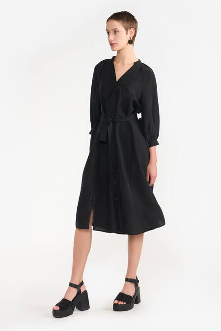 Buy Perona Black Cotton Solid Band Collar Aliana Midi Dress Online at Aza Fashions Buy_Perona_Black Cotton Solid Band Collar Aliana Midi Dress _Online_at_Aza_Fashions
