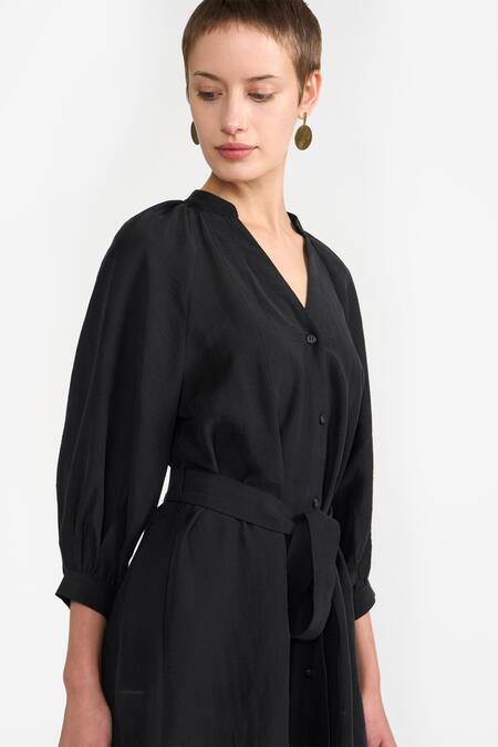 Shop Perona Black Cotton Solid Band Collar Aliana Midi Dress Online at Aza Fashions Shop_Perona_Black Cotton Solid Band Collar Aliana Midi Dress _Online_at_Aza_Fashions