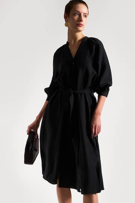 Buy Perona Black Cotton Solid Band Collar Aliana Midi Dress Buy_Perona_Black Cotton Solid Band Collar Aliana Midi Dress