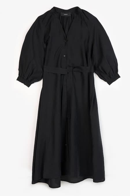 Shop Perona Black Cotton Solid Band Collar Aliana Midi Dress Shop_Perona_Black Cotton Solid Band Collar Aliana Midi Dress