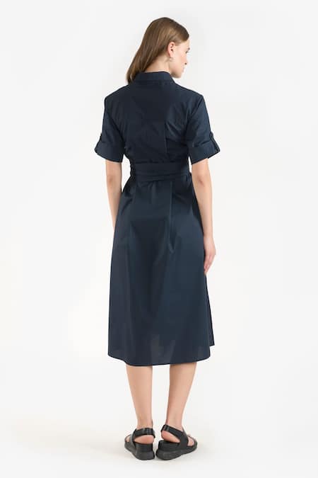 Shop Perona Blue Cotton Solid Collared Ambrose Shirt Dress at Aza Fashions Shop_Perona_Blue Cotton Solid Collared Ambrose Shirt Dress _at_Aza_Fashions