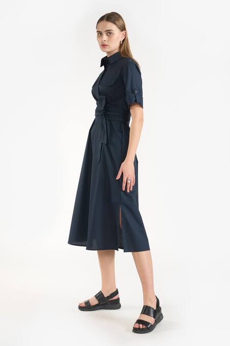 Perona Blue Cotton Solid Collared Ambrose Shirt Dress Online at Aza Fashions Perona_Blue Cotton Solid Collared Ambrose Shirt Dress _Online_at_Aza_Fashions