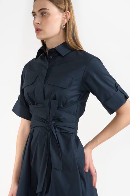 Shop Perona Blue Cotton Solid Collared Ambrose Shirt Dress Online at Aza Fashions Shop_Perona_Blue Cotton Solid Collared Ambrose Shirt Dress _Online_at_Aza_Fashions
