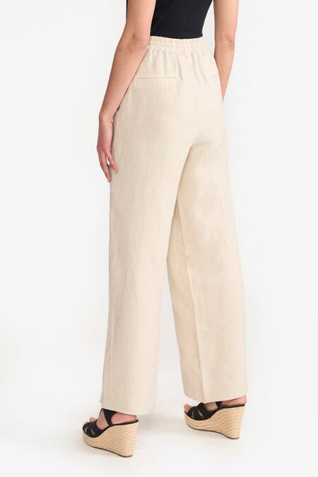 Shop Perona Beige Cotton Solid Amora Trouser at Aza Fashions Shop_Perona_Beige Cotton Solid Amora Trouser _at_Aza_Fashions